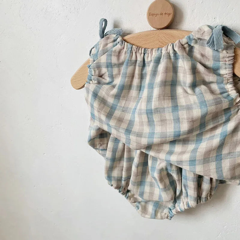 Summer Baby Clothes Set Plaid  Tee and Bloomer Girls Clothing Set