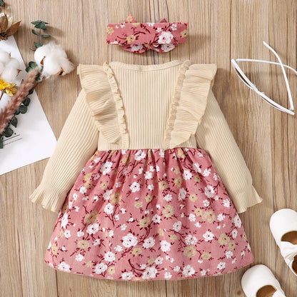 Baby Ribbed Ruffle Long-sleeve  Floral Print Corduroy Dress