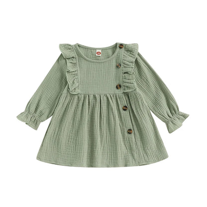 Baby Girl Dress, Crew Neck Buttons Solid Color Ruffled A-line Dress