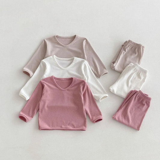 Boy Girl Pajamas Suit Baby Ribbed Long Sleeve Tops+pants Sleepwear 2pcs