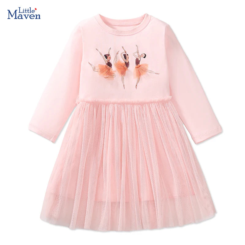 Cotton Baby Girls Cartoon Ballet Dancer Long Sleeves Dresses