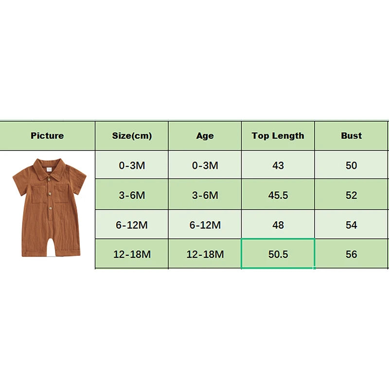 Boys Cotton Linen Jumpsuit Solid Color Lapel Short Sleeve Front Button Romper