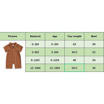 Boys Cotton Linen Jumpsuit Solid Color Lapel Short Sleeve Front Button Romper