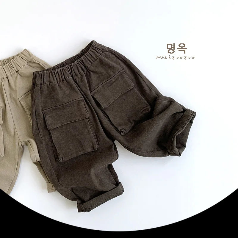 Children Casual Pants Cotton Boys Big Pocket Trousers Solid Baby Girls Versatile Pants