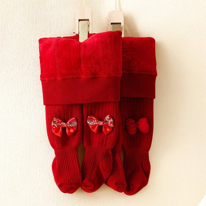 Little Girl Autumn Winter Knit Leggings Red Elastic Band Bow Decor Tights Pantyhose Socks