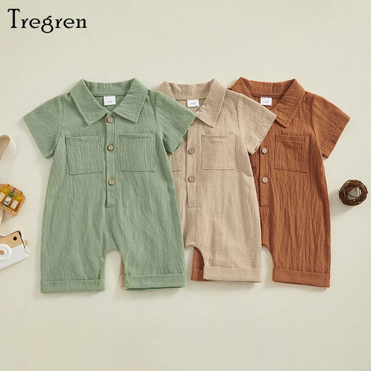 Boys Cotton Linen Jumpsuit Solid Color Lapel Short Sleeve Front Button Romper