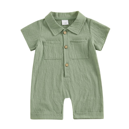 Boys Cotton Linen Jumpsuit Solid Color Lapel Short Sleeve Front Button Romper