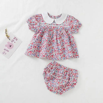 Baby Girls Short Sleeve Pure Color T-shirt +Printing Shorts Suit Sweet