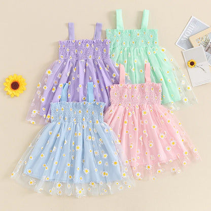 Girls Tulle Dress Daisy Floral Sleeveless Sling Dress