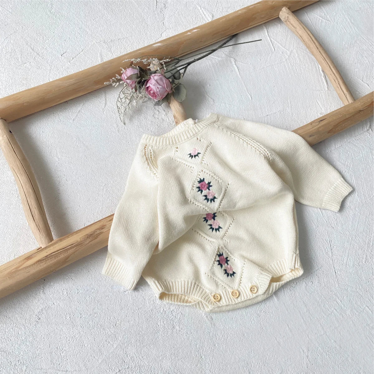 Baby Long Sleeve Knitted Bodysuit Infant Girl Flower Embroidery Sweater Jumpsuit