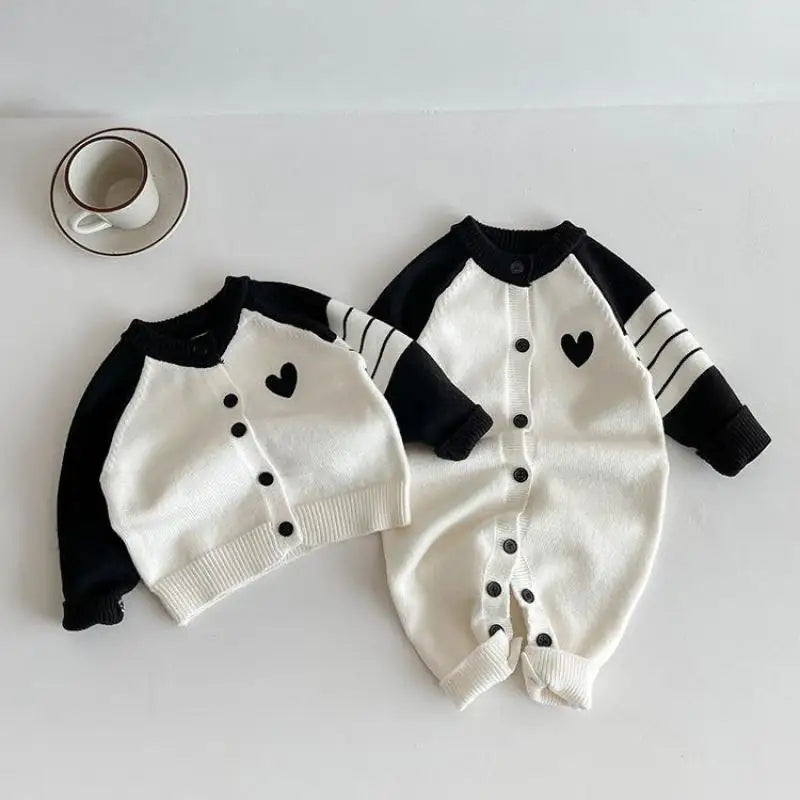 Baby Long Sleeve Knitted Romper Infant Boy Girl Heart Patchwork Jumpsuit