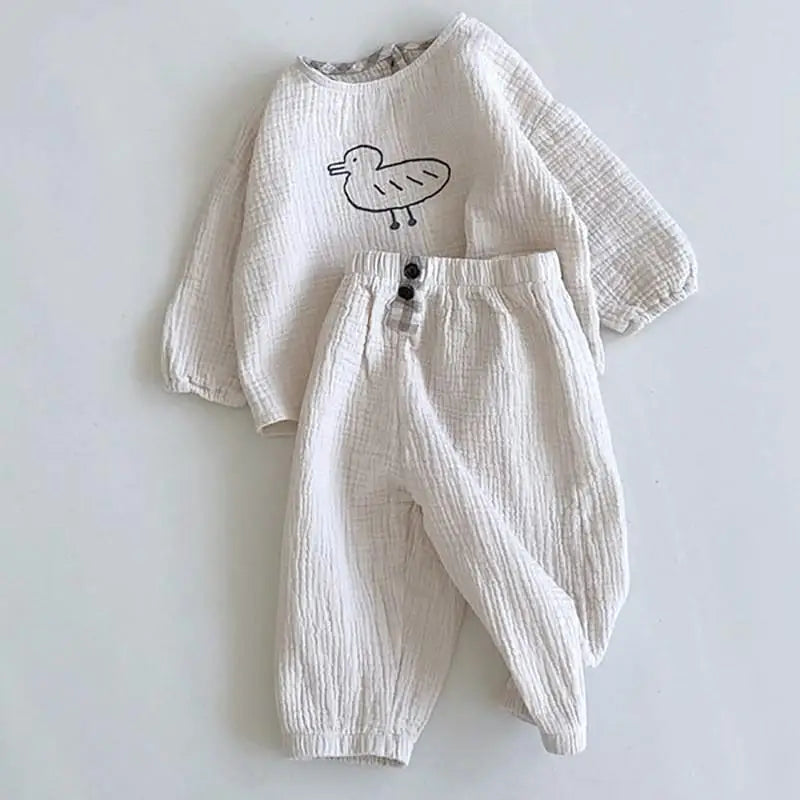 Baby Cotton Linen Clothes Set Plaid Cartoon Casual Tops + Pants 2pcs