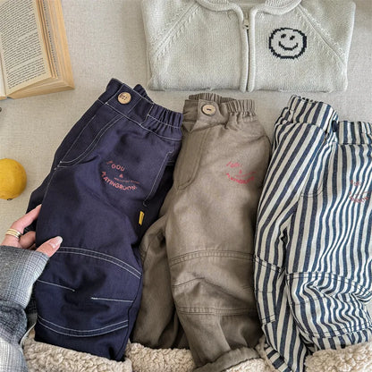 New Children Fleece Casual Pants Letter Print Boys/Girls Plus Velvet Thick Striped Warm Trousers