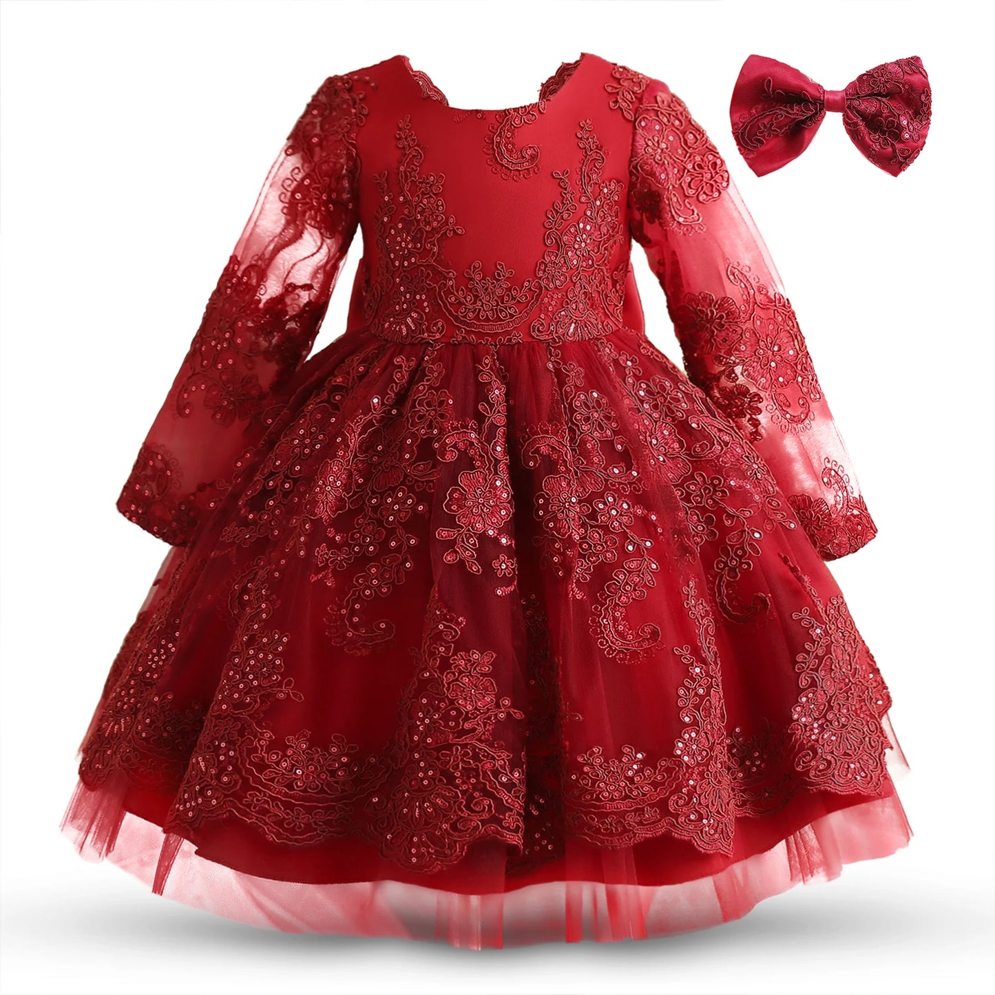 Red Party Princess Dress For Toddler Girl Kid Baby Christmas Embroidery Floral Prom