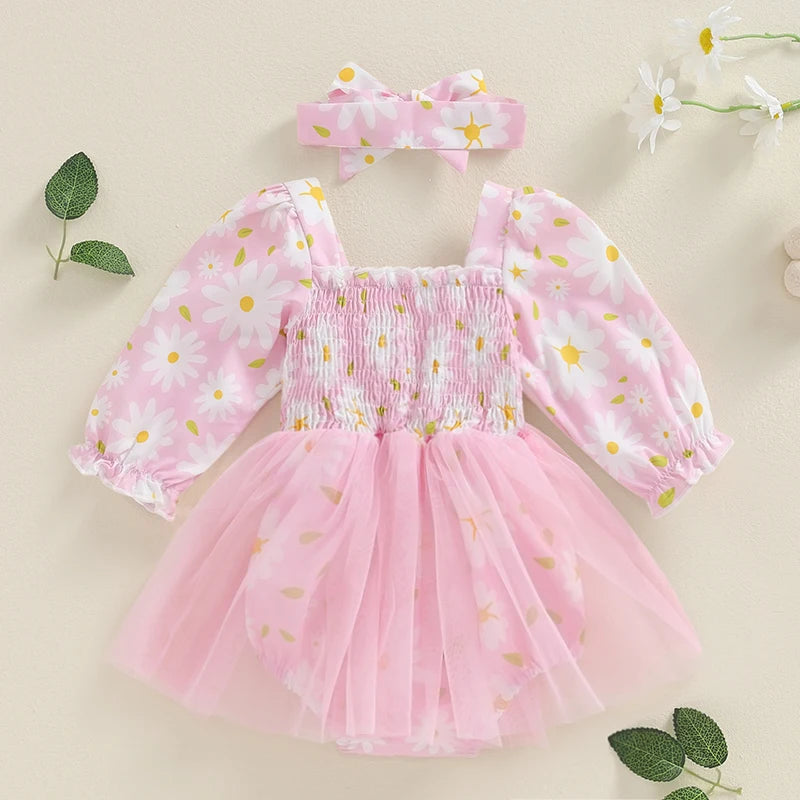 Baby Girl 2 Piece Summer Set, Flower Print Romper Dress Bow Headband