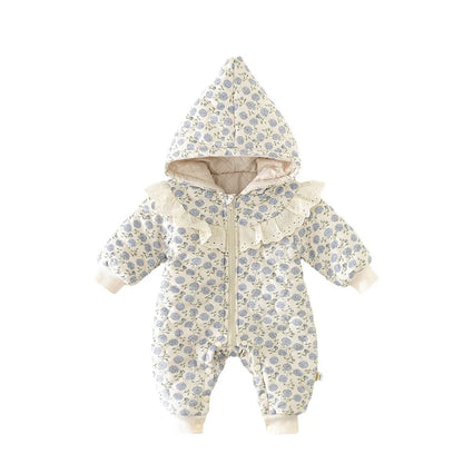 Baby Girl Cute Sweet Flower Print Hooded Romper Plus Velvet Thick Jumpsuit