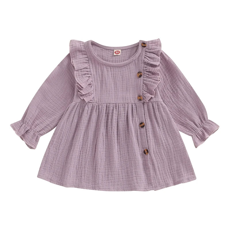 Baby Girl Dress, Crew Neck Buttons Solid Color Ruffled A-line Dress