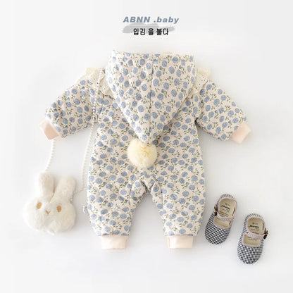 Baby Girl Cute Sweet Flower Print Hooded Romper Plus Velvet Thick Jumpsuit