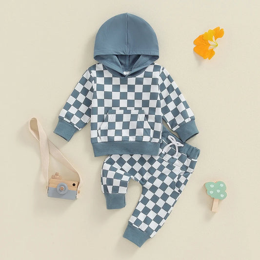 Toddler Boys Fall Outfits Checkerboard Print Hooded  and Long Pants 2Pcs