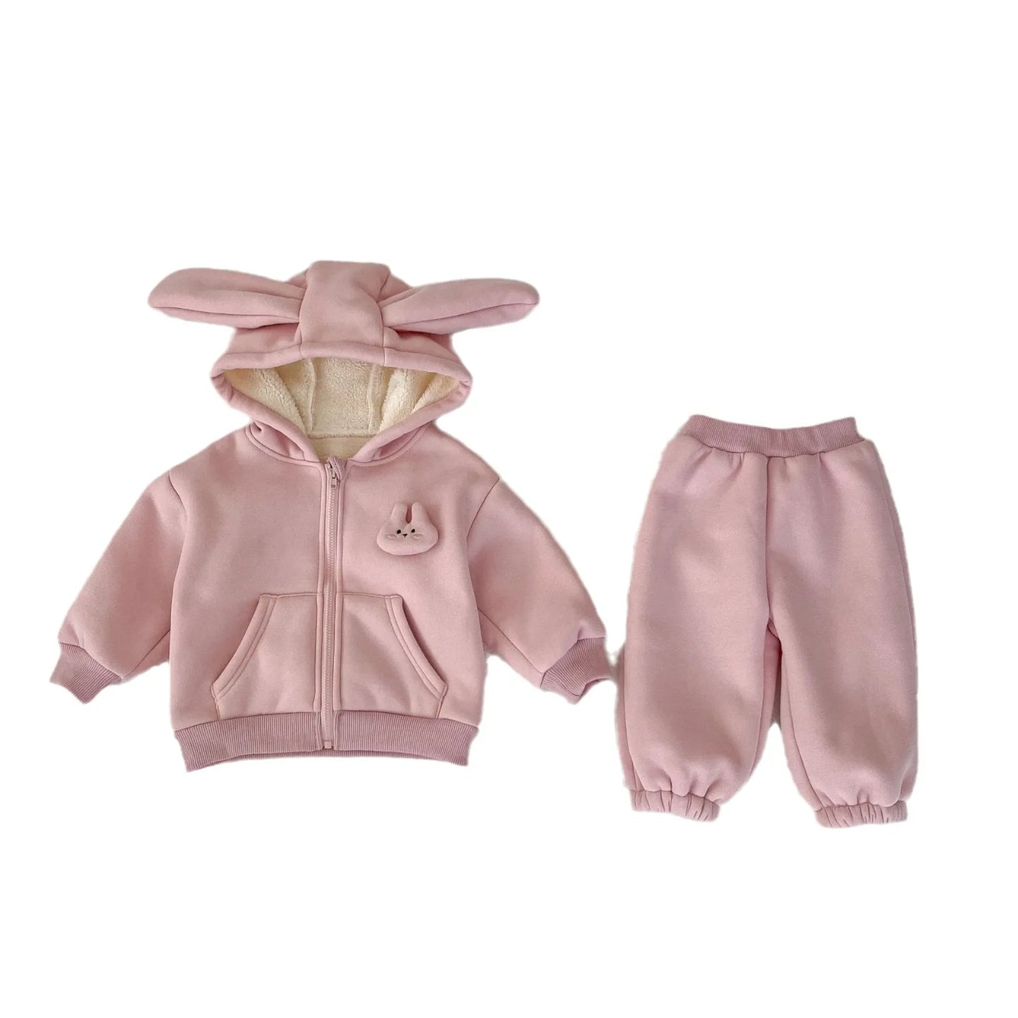 Baby Plus Velvet Thick Clothes Set Girls Cute Rabbit Fleece Hooded Coat + Warm Pants