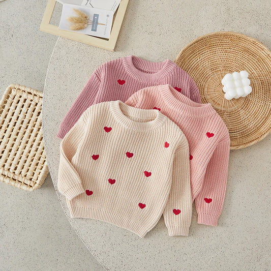 Baby Girl Boy Knitted Long Sleeve Heart Embroidery Loose Pullover Toddler Jumper