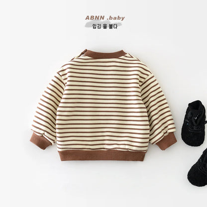 New Baby Sweatshirt Infant Plus Velvet Thick Warm Boy Girl Casual Striped Tops