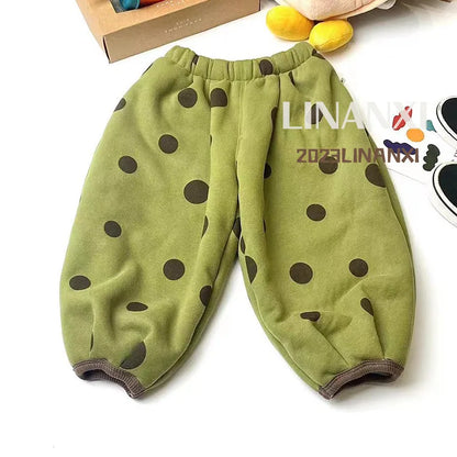 Children Polka Dot Trousers Plus Velvet Thick Girls Harem Pants Baby Boys Casual Pants