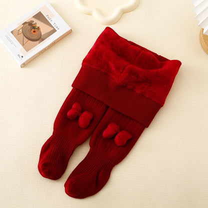 Little Girl Autumn Winter Knit Leggings Red Elastic Band Bow Decor Tights Pantyhose Socks