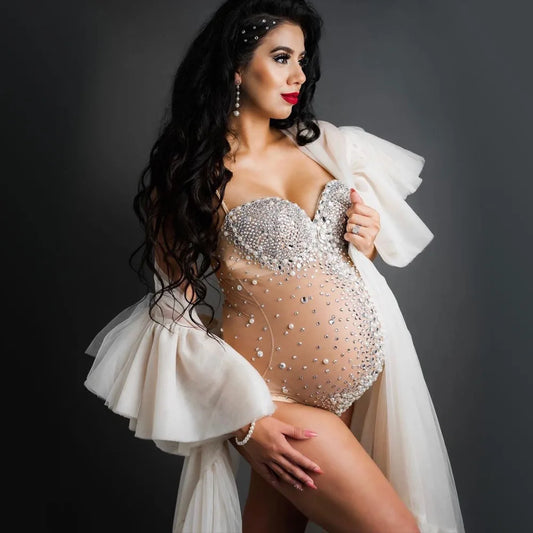 Maternity Photography Sexy Goddess V Neck Rhinestones Pearls Luxurious Stretch Jumpsuits Dress