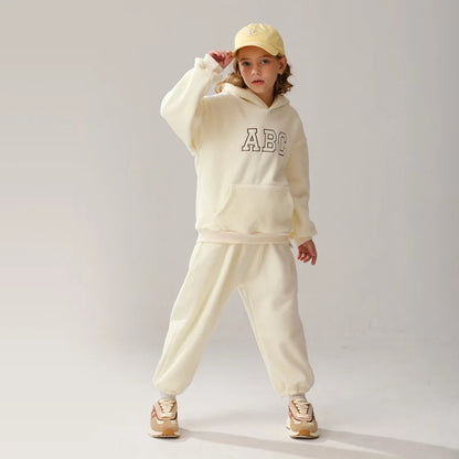 Children Plus Fleece Thicken Hoodies Suit Boy Girl Letter Casual Tops