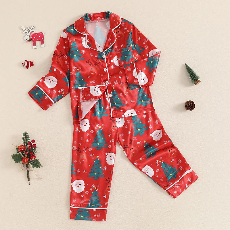 Girls Christmas Satin Pajama Set Santa Claus Print Long Sleeve Button Down Tops Pants