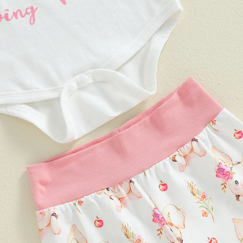 Baby Girls Letter Print Romper Pig Print Long Pants Headband Hat 4Pcs Clothes Set