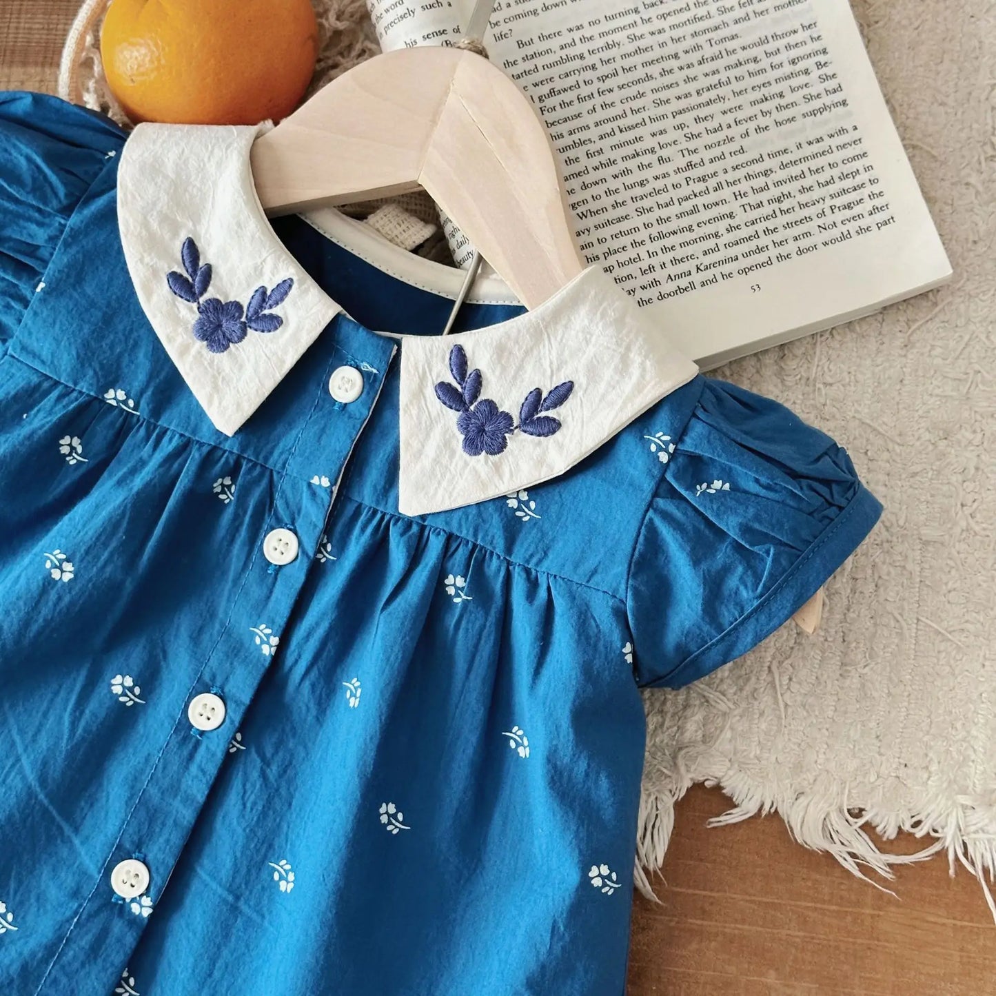 Girl Baby Embroidery Flower Lapel Puff Sleeve Tops+ Shorts 2pcs