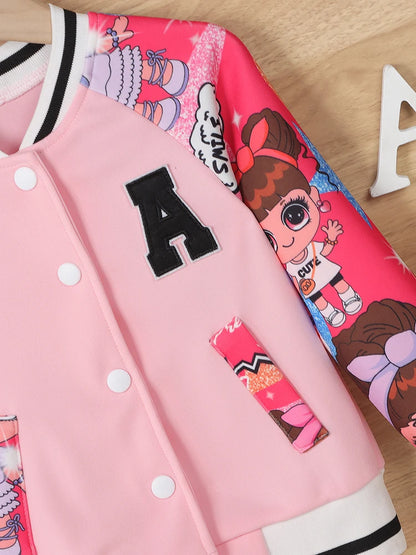 Girls Letter“A” Pattern Cartoon Doll Print Baseball Uniform Jacket