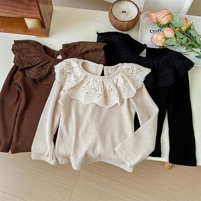 Girls Tops Ruffle Collar Long Sleeve T-Shirt