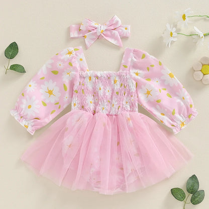 Baby Girl 2 Piece Summer Set, Flower Print Romper Dress Bow Headband