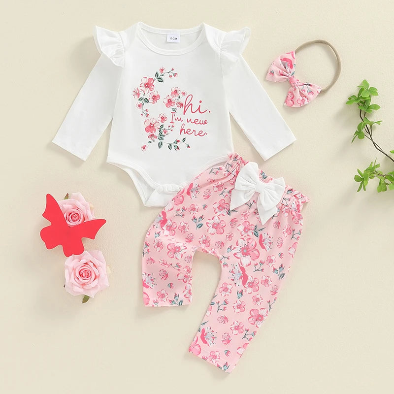 Baby Girls Flower Print Romper with Pants and Bowknot Headband Clothing Set