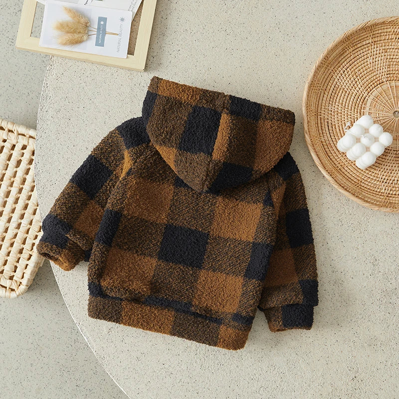 Baby Plaid Hoodies Winter Warm Long Sleeve Half Zip Hooded Sweatshirt