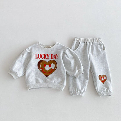 New Children Long Sleeve Clothes Set Boys Girls Bow Heart Print Sweatshirt + Pants