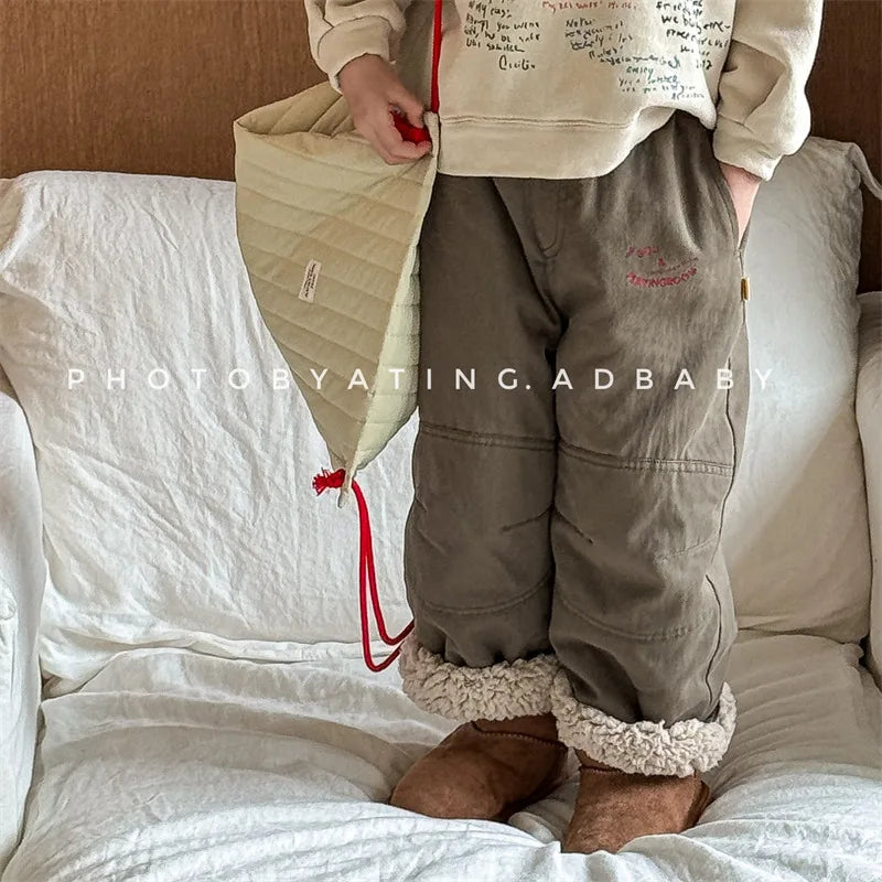 New Children Fleece Casual Pants Letter Print Boys/Girls Plus Velvet Thick Striped Warm Trousers