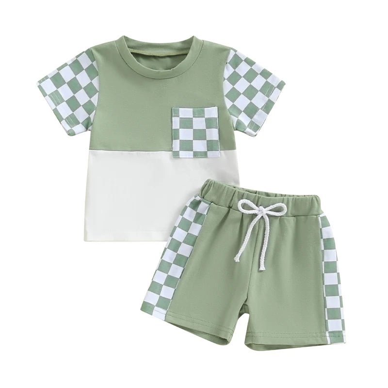 Short Sleeve Checkerboard Print Tops Drawstring Shorts Casual Outfits