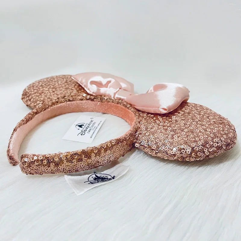 Rose Gold Sequins Ear Headband Mickey PP Cotton Minnie Silk Bow