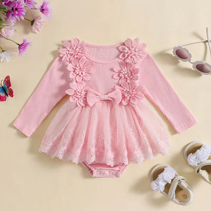 Baby Girl Bodysuit Cute 3D Bow Flower Patchwork Lace Ribbed Jumpsuit