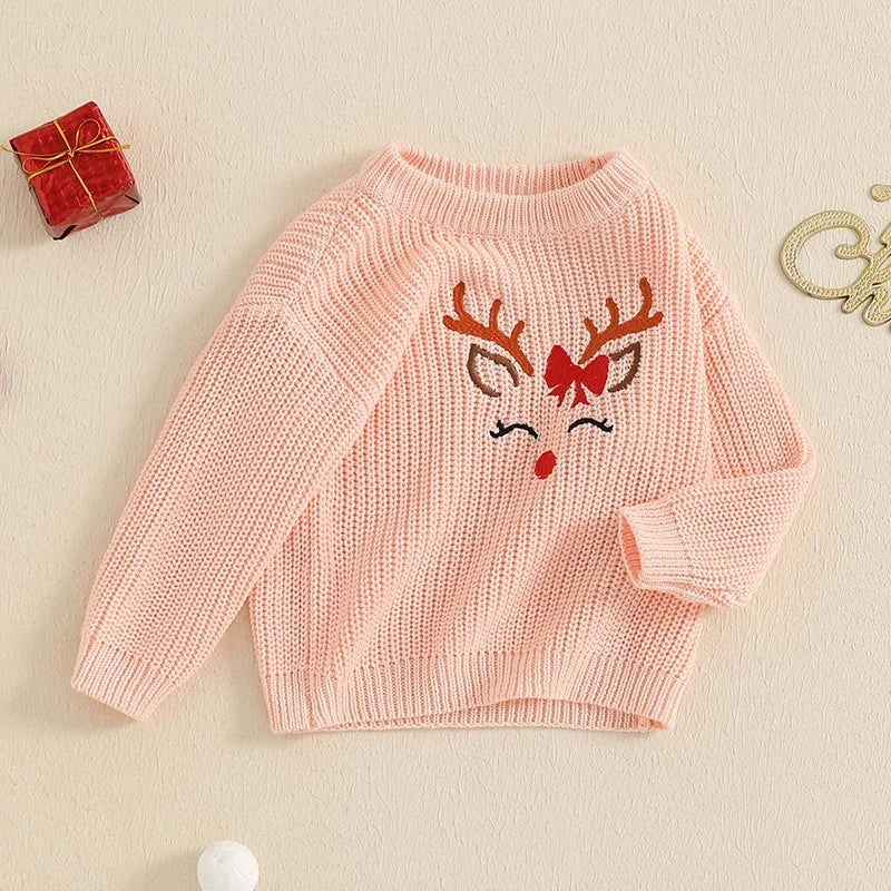 Girl Christmas Sweater Reindeer Embroidery Pattern Chunky Knitwear Newborn Xmas Tops