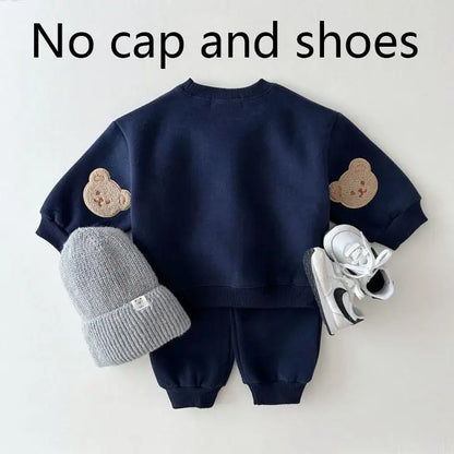 Boy Girl Children Cartoon Cotton Tops+Solid Pants 2ps Fashion Sweatshirt Set