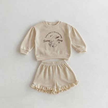 Girls Baby Rabbit Tops + Solid Shorts 2pcs Cotton Children Waffle Sweatshirt Suit