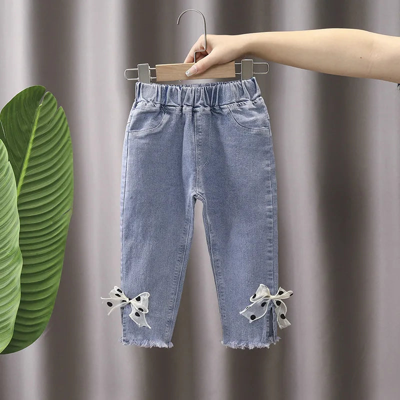 Girls Denim Pants Elastic Waist Mesh Bowknot Harem Baby Girls Pants