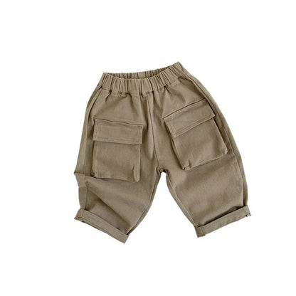 Children Casual Pants Cotton Boys Big Pocket Trousers Solid Baby Girls Versatile Pants