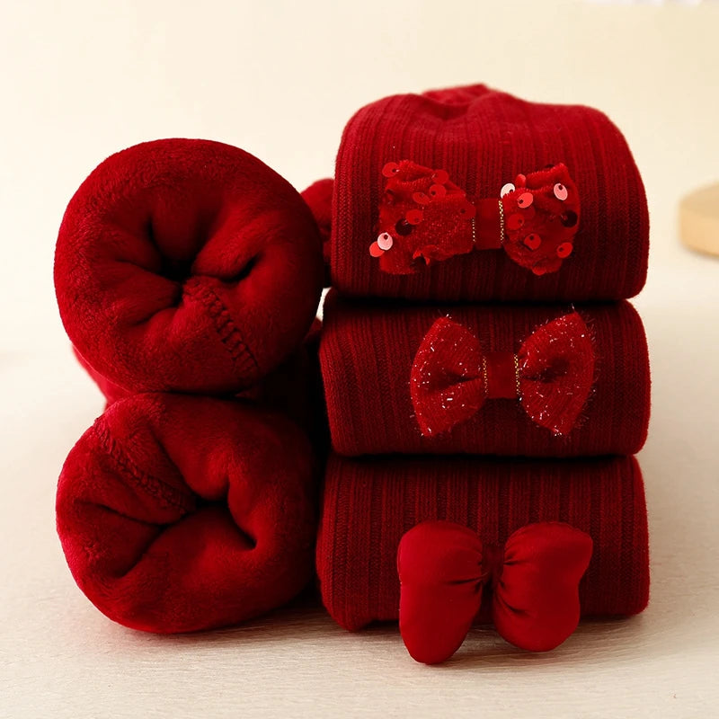 Little Girl Autumn Winter Knit Leggings Red Elastic Band Bow Decor Tights Pantyhose Socks