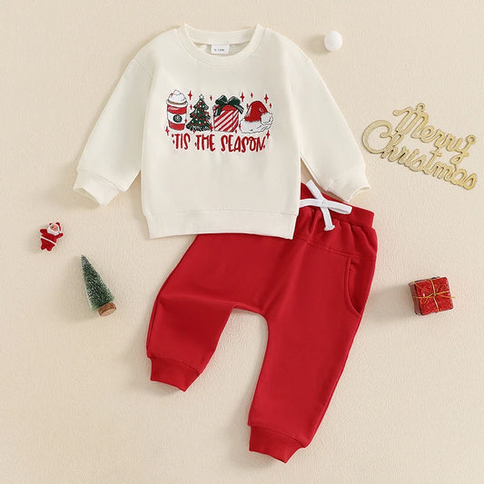 Girl Boy Letter Christmas Tree Embroidery Long Sleeve Sweatshirt with Solid Color Pants